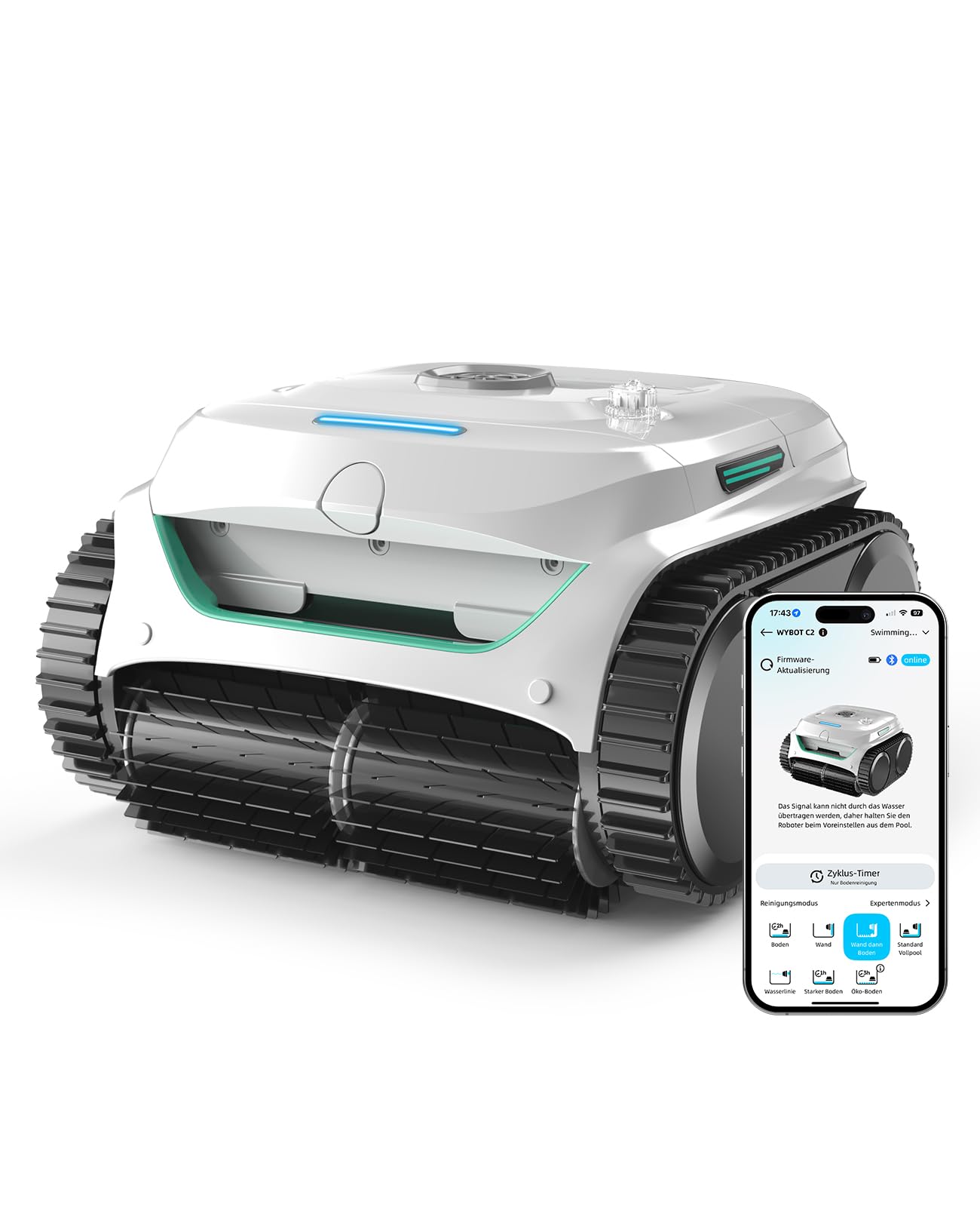 WYBOT C2 Poolroboter Akku Boden und Wand für Einbaupools bis 150㎡, Doppelfiltration, 3-Fach Motor, Starke Saugkraft, Wandkletter & Wasserlinie, 183 Min, App(Schwarz-Grün B)