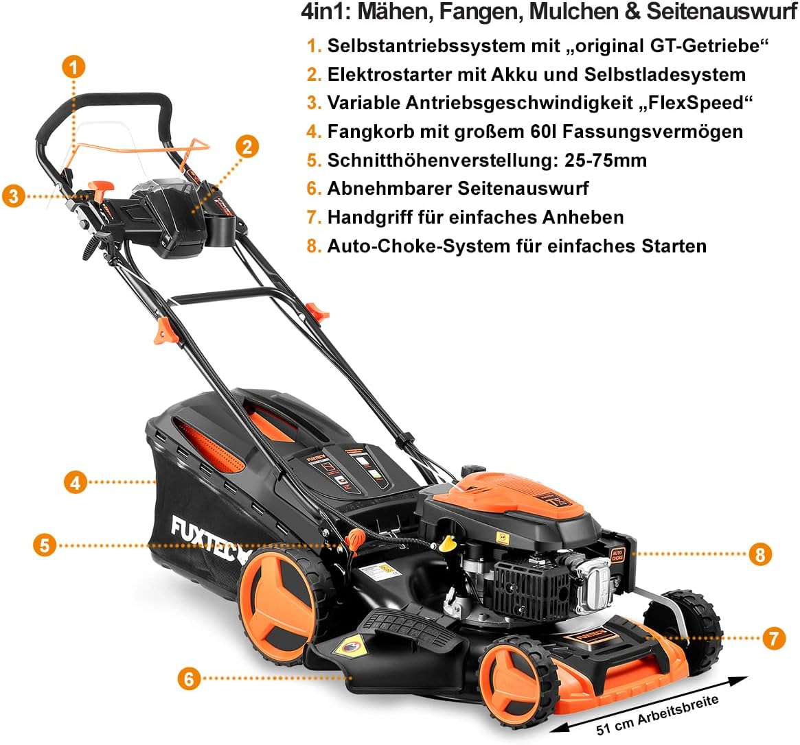 FUXTEC FX-RM5196eSPRO 4in1 Benzinmäher, E-Start & Antrieb, 51 cm Schnitt