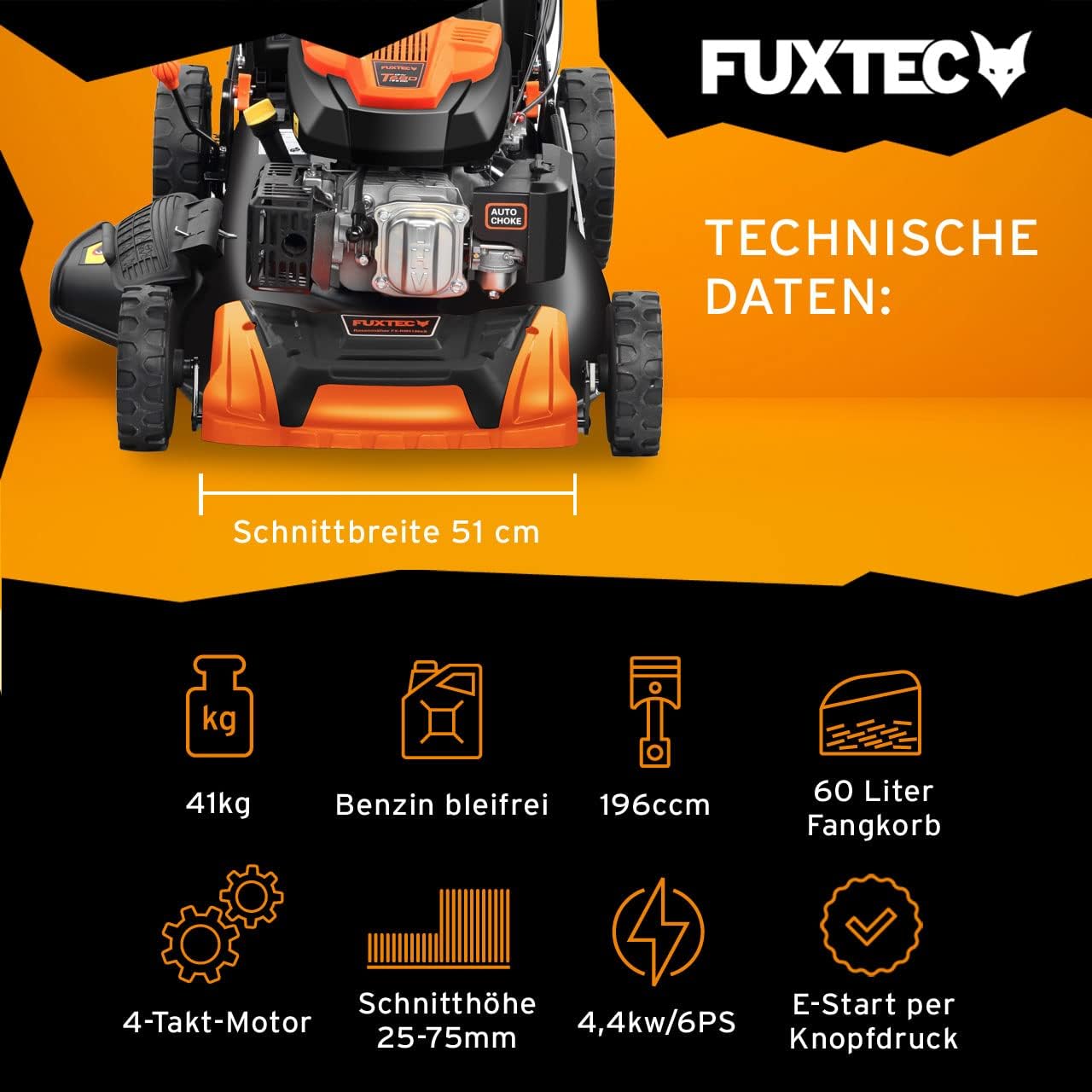 FUXTEC FX-RM5196eSPRO 4in1 Benzinmäher, E-Start & Antrieb, 51 cm Schnitt