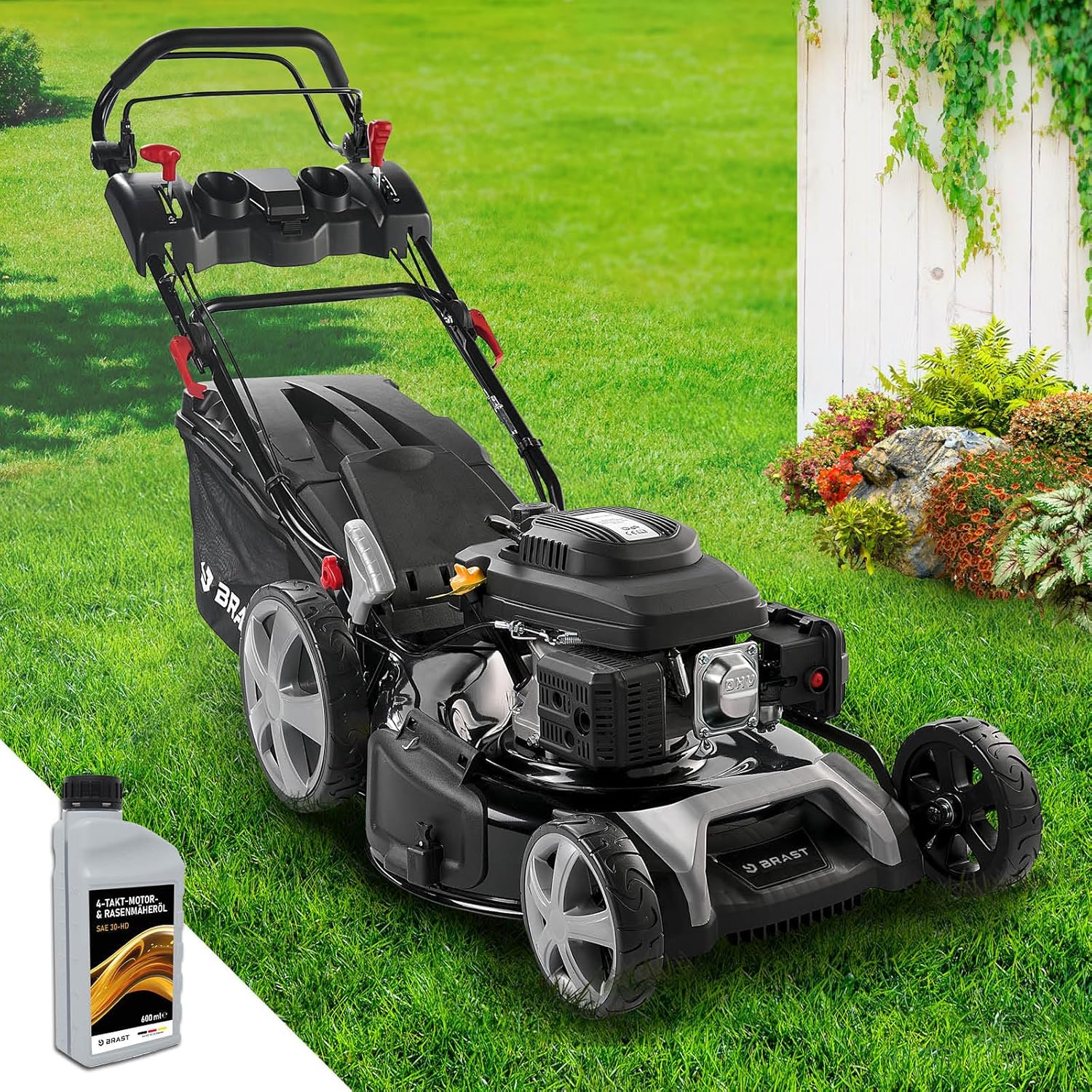 BRAST® Benzin Rasenmäher mit Antrieb | 5,2kW (7PS) | 55cm Schnittbreite | viele Modelle | TÜV | 30-80mm Schnitthöhe | 60L Fangkorb | 4 Takt OHV Motor | Stahlgehäuse | Speed