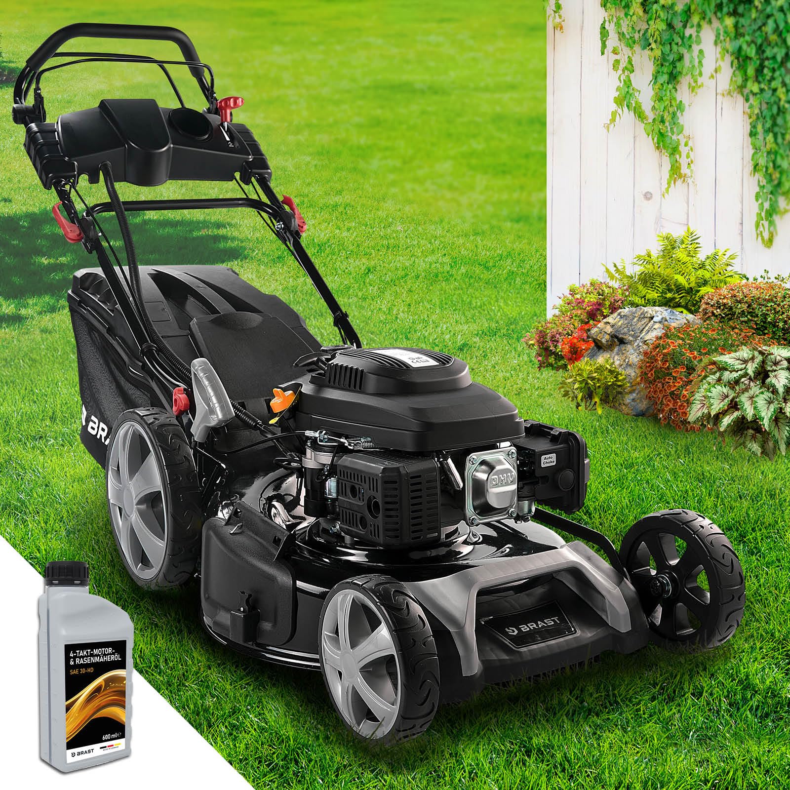 BRAST® Benzin Rasenmäher mit Antrieb | 5,2kW (7PS) | 55cm Schnittbreite | viele Modelle | TÜV | 30-80mm Schnitthöhe | 60L Fangkorb | 4 Takt OHV Motor | Stahlgehäuse | Speed
