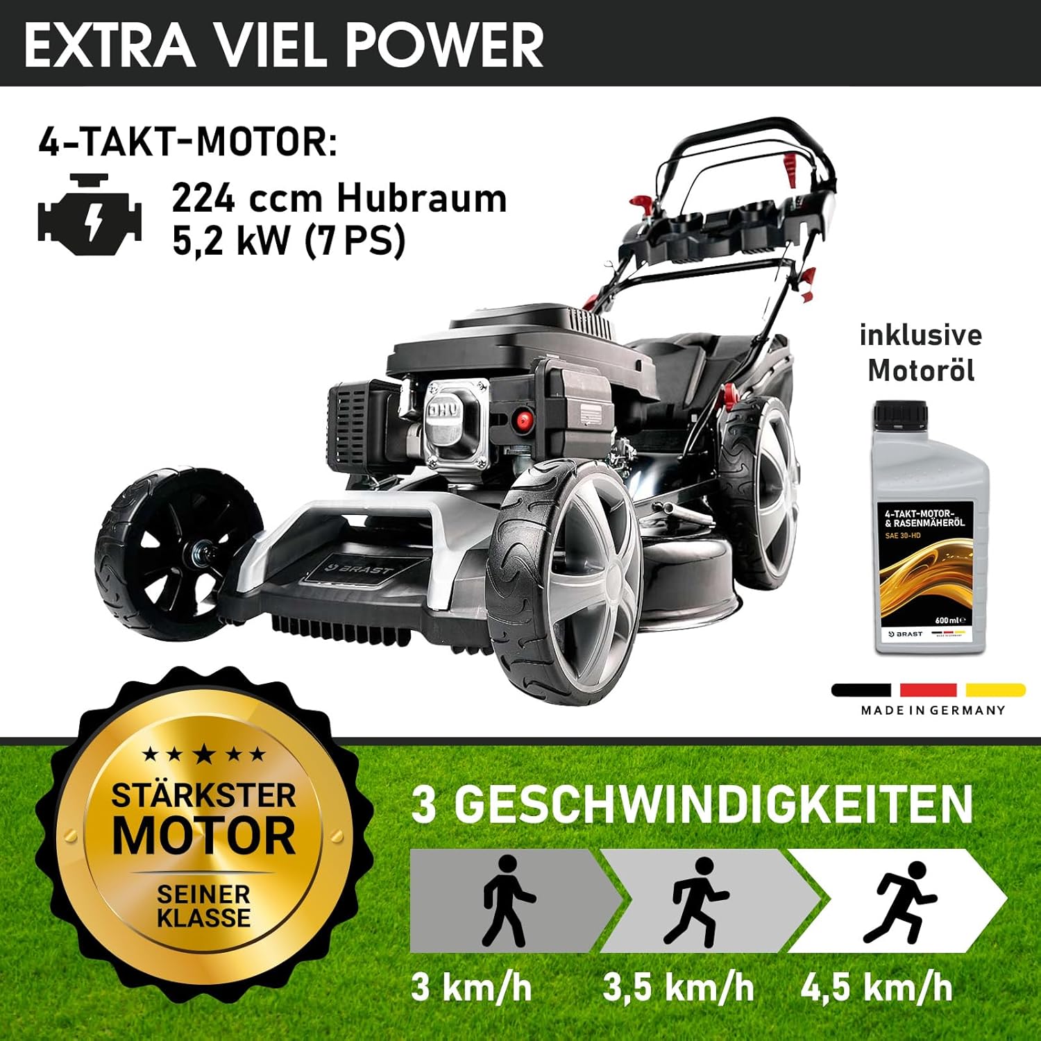 BRAST® Benzin Rasenmäher mit Antrieb | 5,2kW (7PS) | 55cm Schnittbreite | viele Modelle | TÜV | 30-80mm Schnitthöhe | 60L Fangkorb | 4 Takt OHV Motor | Stahlgehäuse | Speed