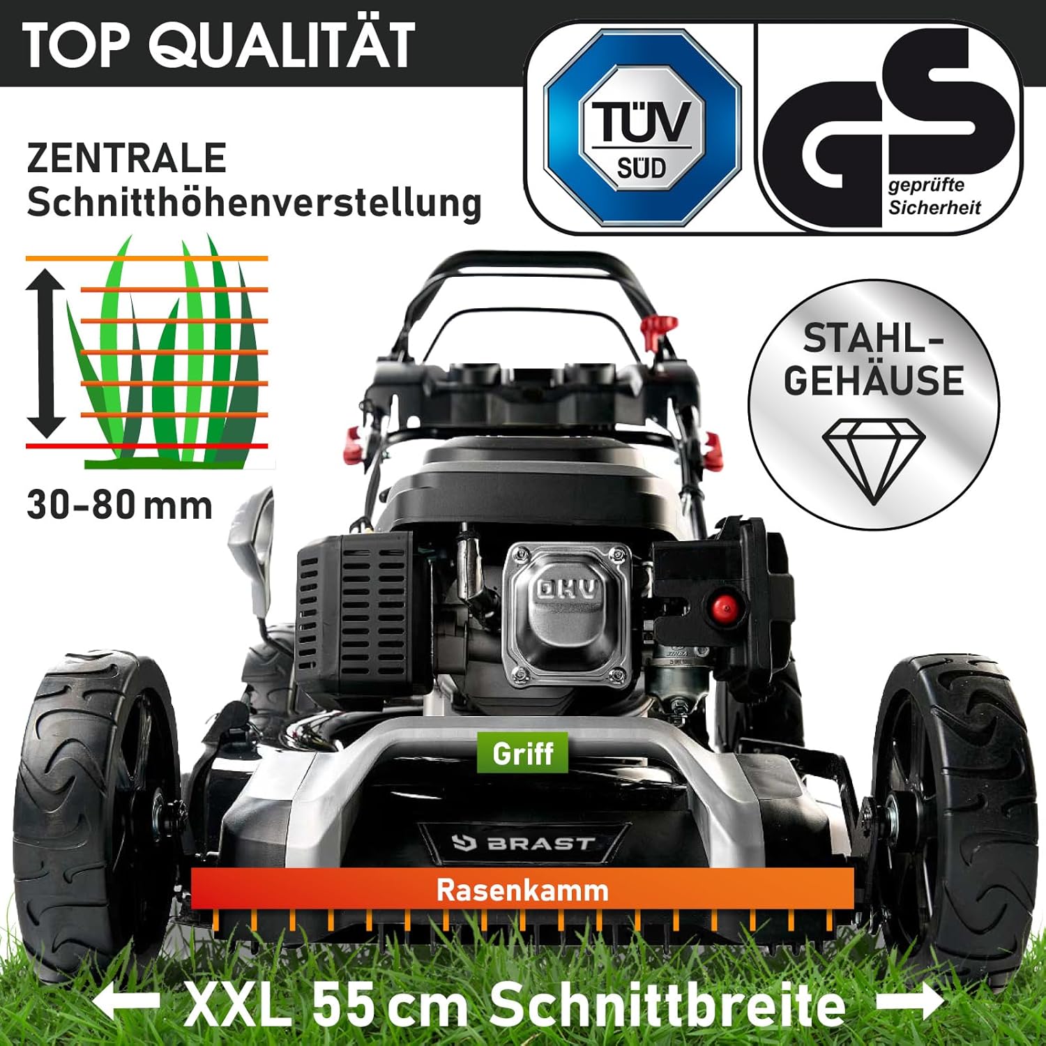 BRAST® Benzin Rasenmäher mit Antrieb | 5,2kW (7PS) | 55cm Schnittbreite | viele Modelle | TÜV | 30-80mm Schnitthöhe | 60L Fangkorb | 4 Takt OHV Motor | Stahlgehäuse | Speed