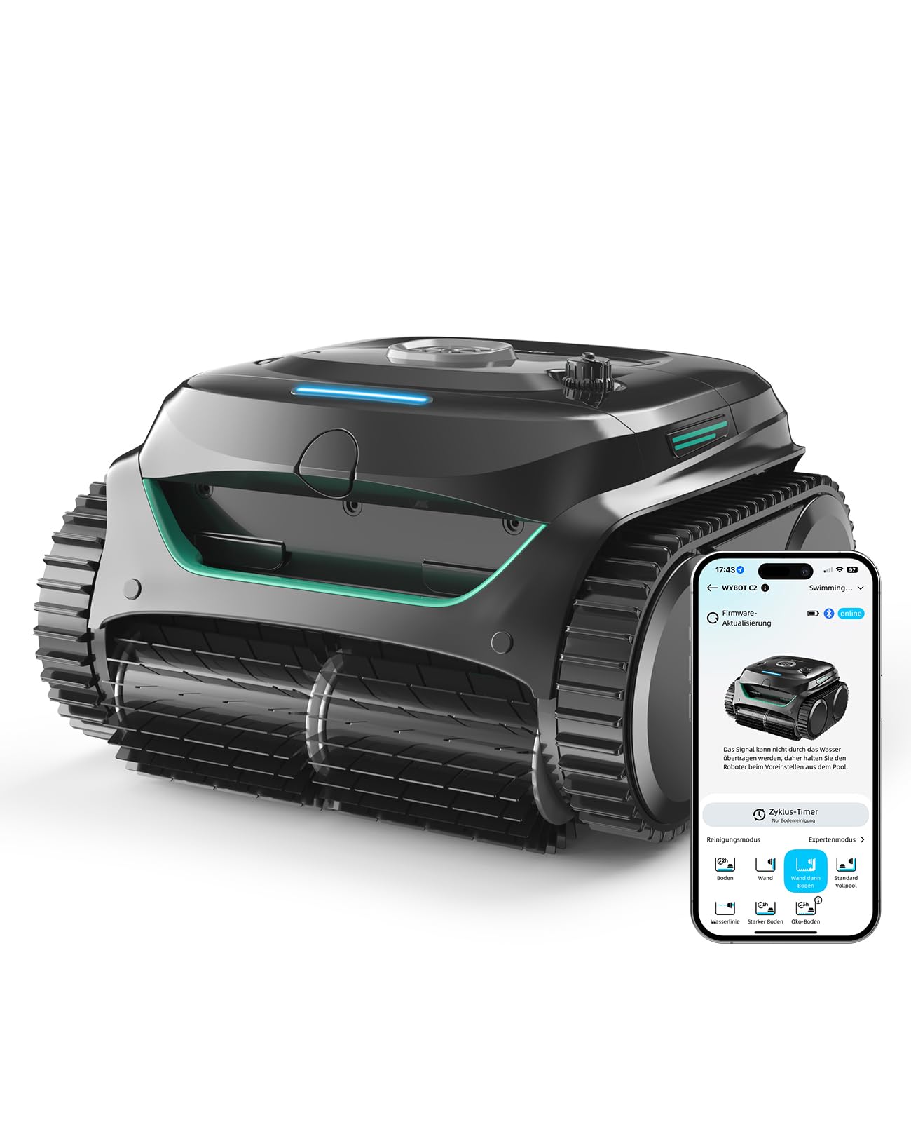 WYBOT C2 Poolroboter Akku Boden und Wand für Einbaupools bis 150㎡, Doppelfiltration, 3-Fach Motor, Starke Saugkraft, Wandkletter & Wasserlinie, 183 Min, App(Schwarz-Grün B)