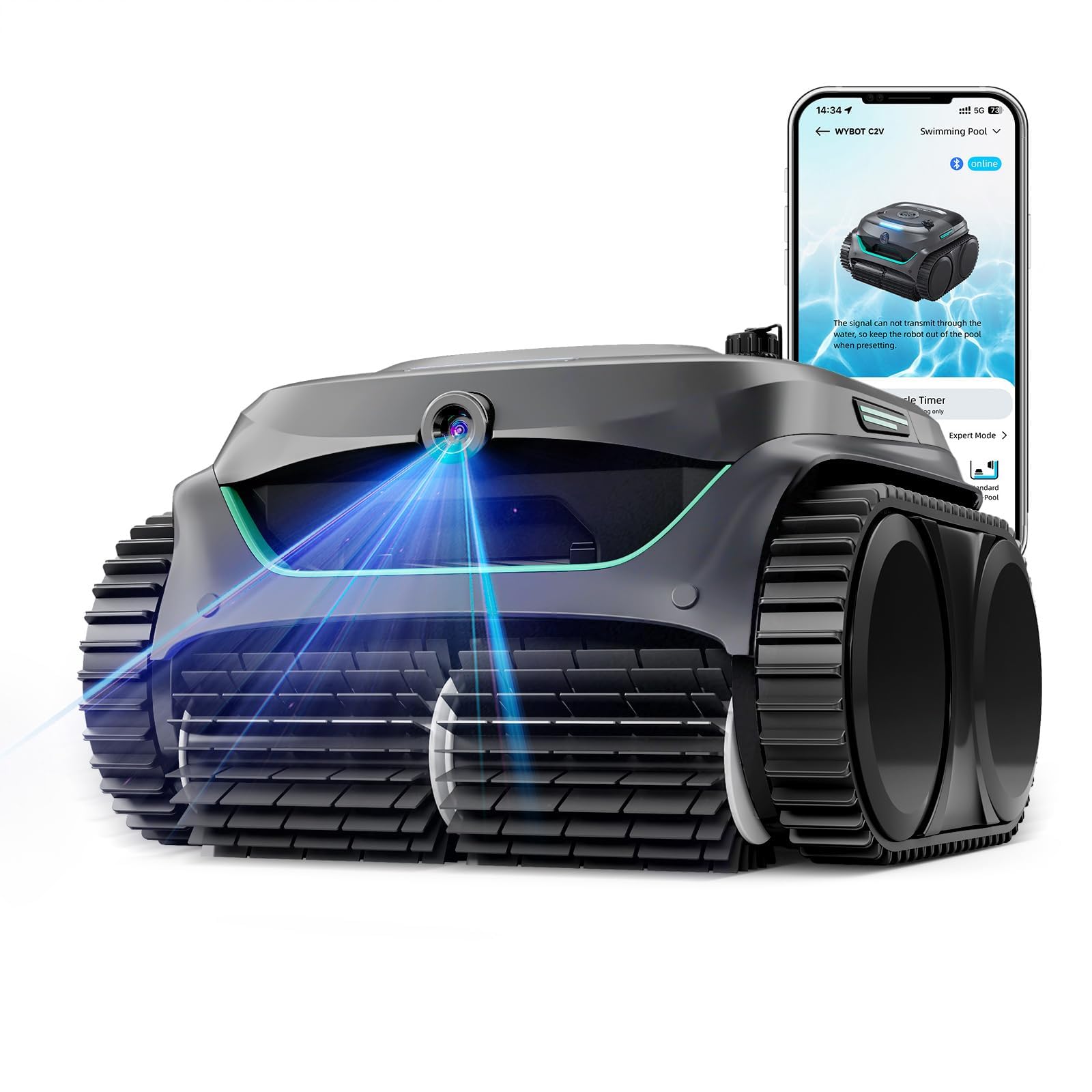 WYBOT C2 Vision AI Kamera Kabelloser poolroboter mit Akku, poolroboter Boden und Wand, Zweischicht-Filterung, leistungsstarke Absaugung, für Eingelassene Pools bis zu 180㎡(Schwarz Grün)