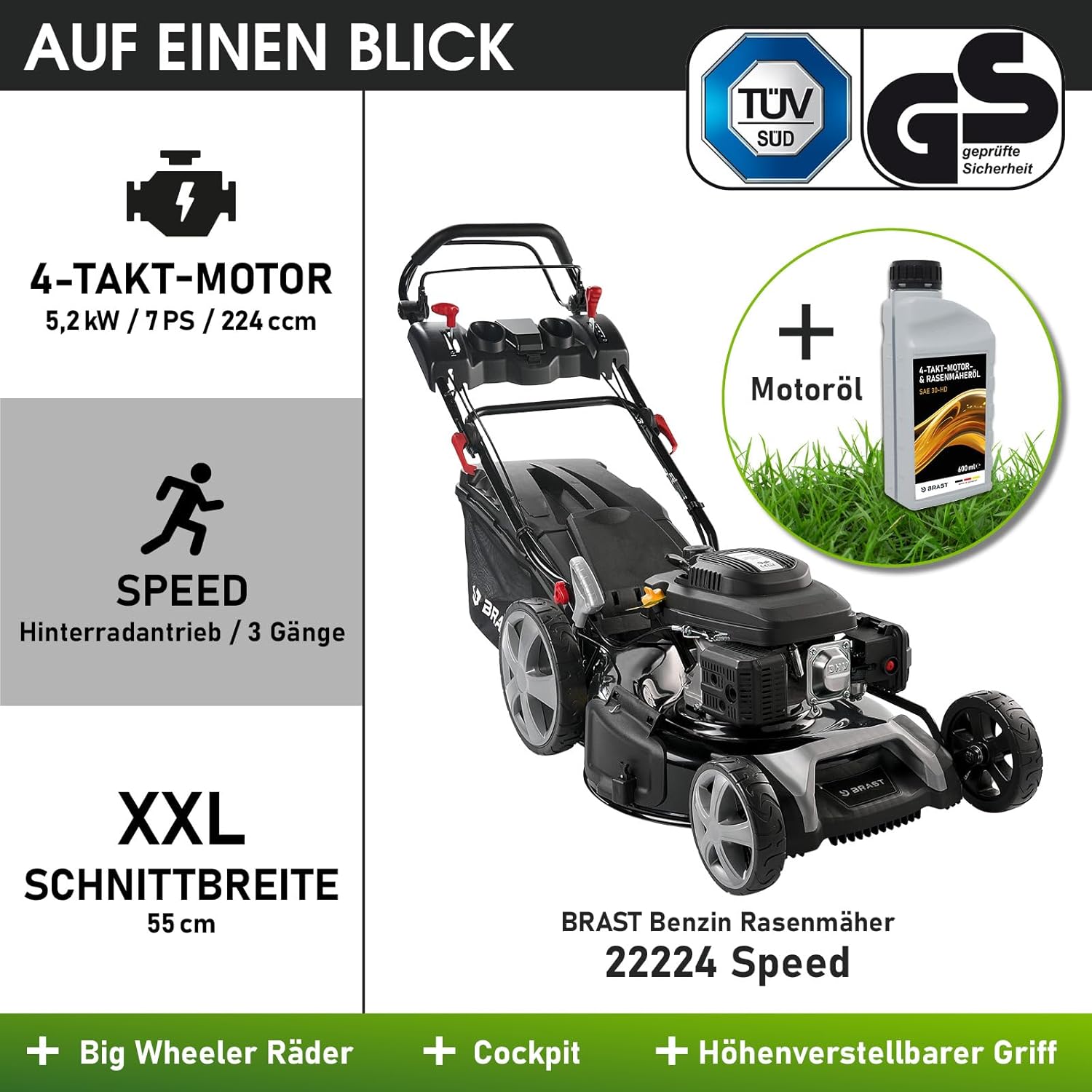 BRAST® Benzin Rasenmäher mit Antrieb | 5,2kW (7PS) | 55cm Schnittbreite | viele Modelle | TÜV | 30-80mm Schnitthöhe | 60L Fangkorb | 4 Takt OHV Motor | Stahlgehäuse | Speed