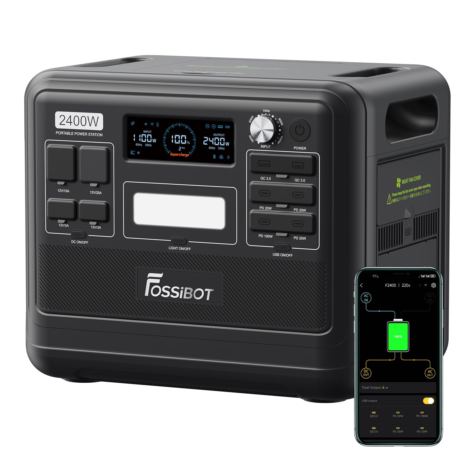 FOSSiBOT Tragbare Powerstation 2048Wh LiFePO4 Mobiler Solargenerator mit 230V/2400W (Spitze 4800W), USB und QC, Mobile Stromspeicher für Outdoors, Power Station für Camping, Reisen