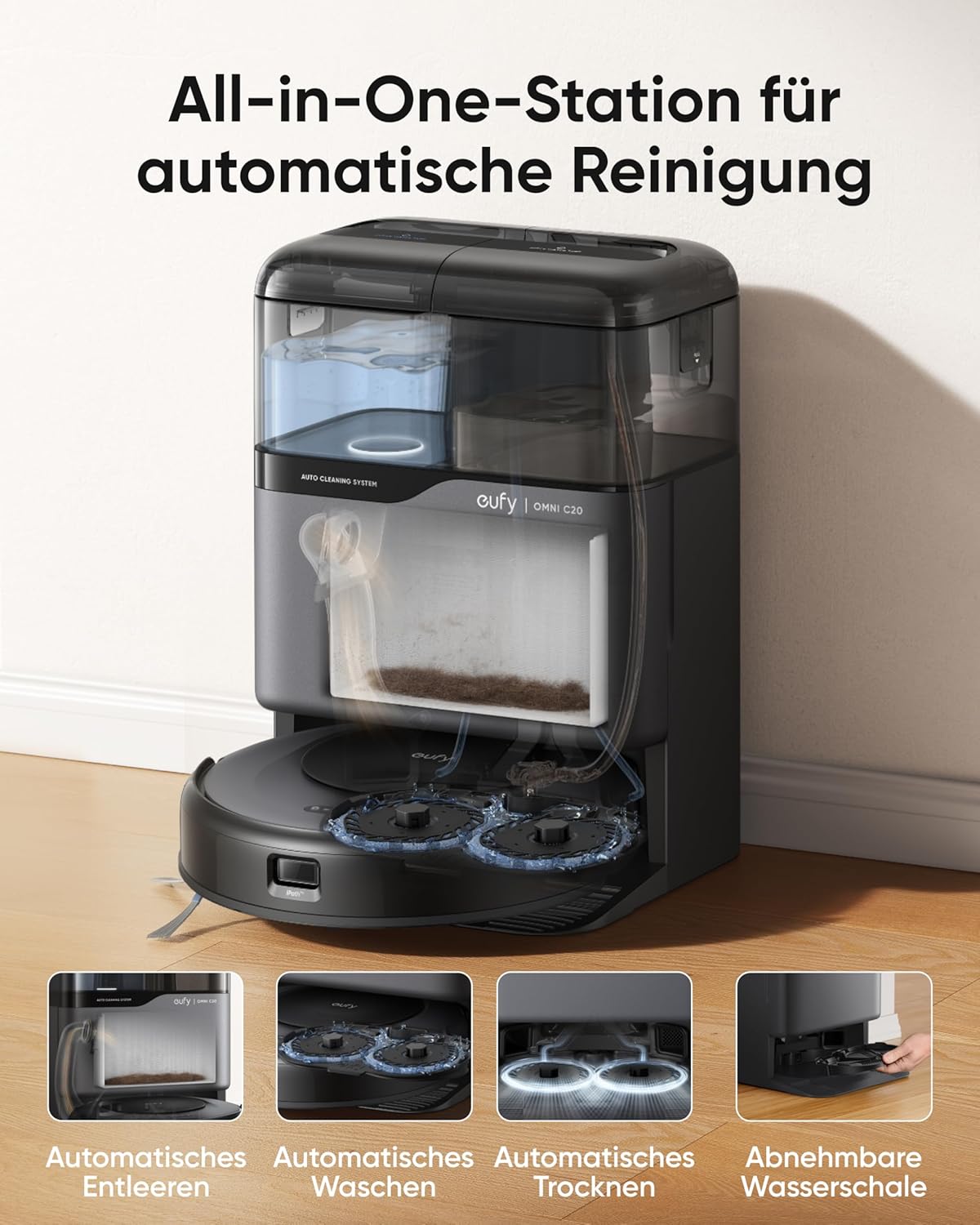 Eufy Omni C20, 7.000Pa, All-in-One-Station, Auto-Entleerung & -Reinigung, 8,5 cm, mit Wischfunktion
